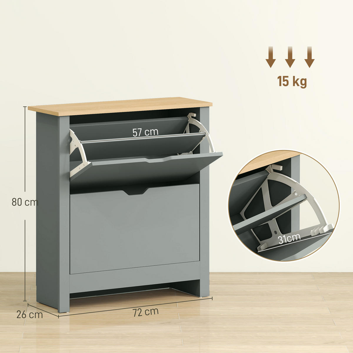 SCHUHSCHRANK,2 Klappfächer verstellbare Trennwand 72x26x80cm,hellgrau - Grau, Holzwerkstoff (72/80/26cm) - Vallsero