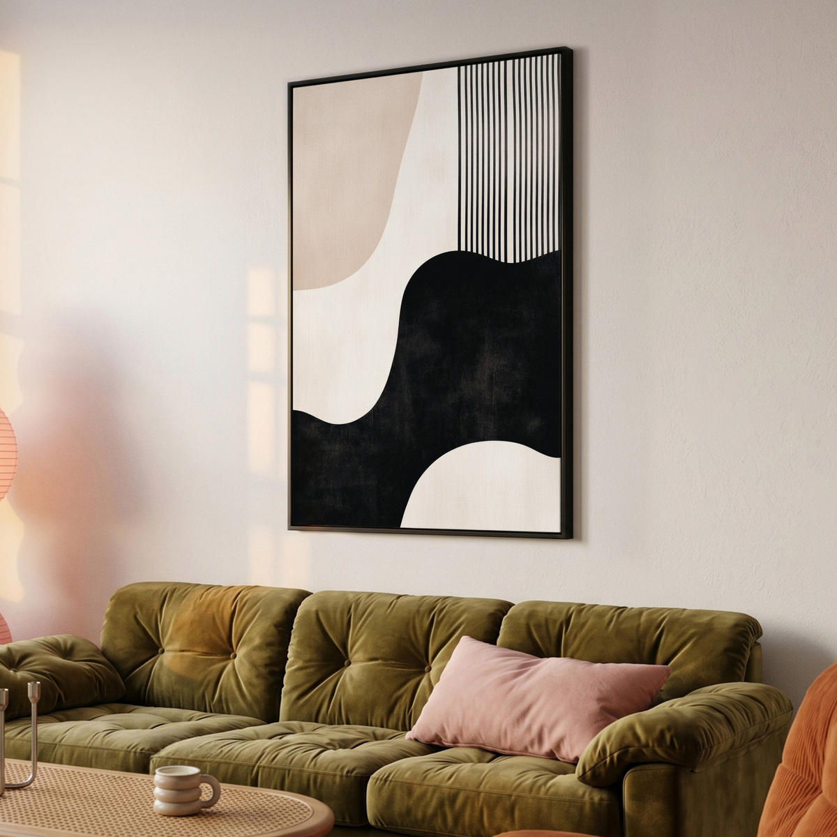 LEINWAND Bilder mit Rahmen - Abstrakt - Japandi - Beige - Modern - 100x150 - Schwarz, Textil (100/150cm) - MuchoWow
