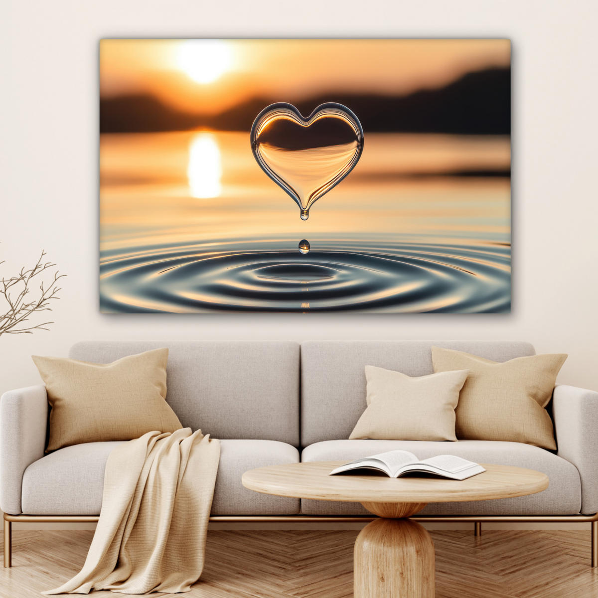 OBRAZ NA PLÁTNE Srdce - Voda - Západ slnka - Príroda - Zen 120x80 cm - jantárová, textil (120/80cm) - MuchoWow