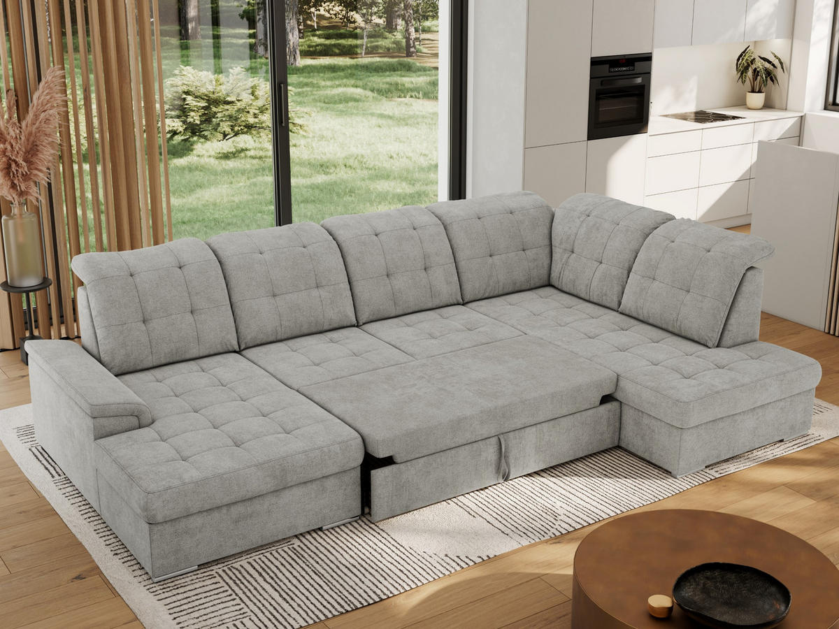 WOHNLANDSCHAFT MADRITO U - Hellgrau Struktur - Rechts - Silberfarben/Hellgrau, Textil/Metall (323/89/204cm) - MKS
