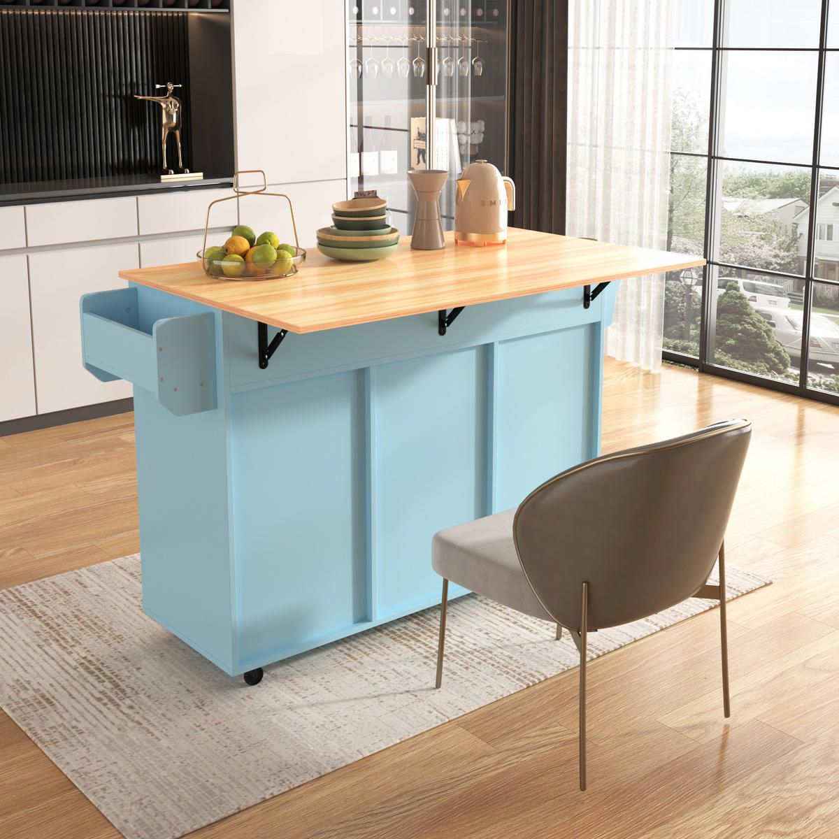 KÜCHENINSEL 139x46x91,5cm-klappbare Arbeitsplatte und Massivholzfüße Blau - Schwarz, Holz (46/91.5/139cm) - Raelunyi