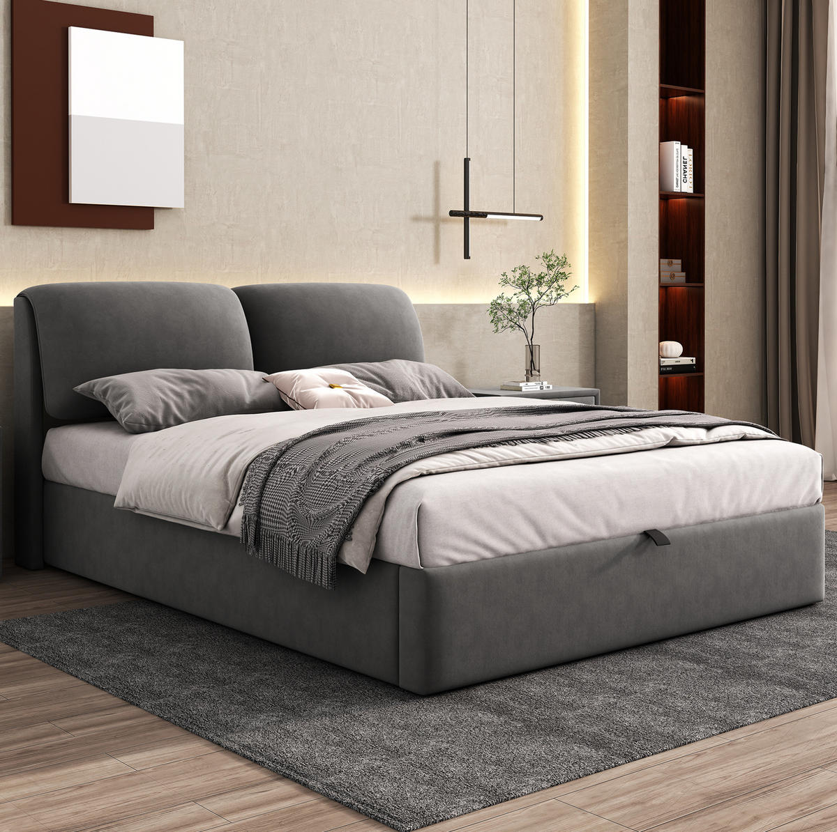 POLSTERBETT 140/200 cm Grau aus Samt mit Bettkasten - Grau, Textil - OKMYHOME