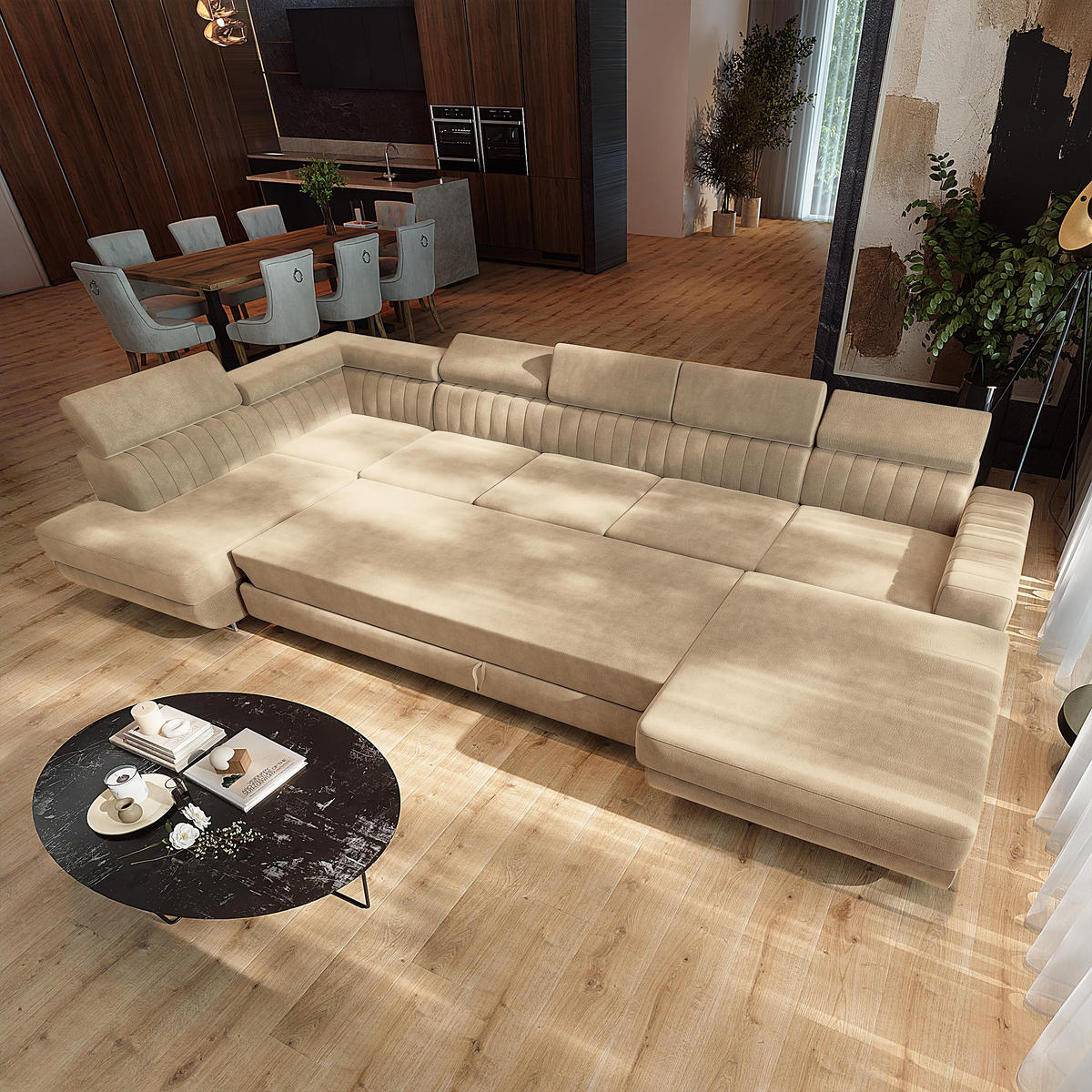 WOHNLANDSCHAFT GAIAN Creme Velours-Stoff mit Schlaffunktion - Creme, Holz (412/88/190cm) - MASSENO