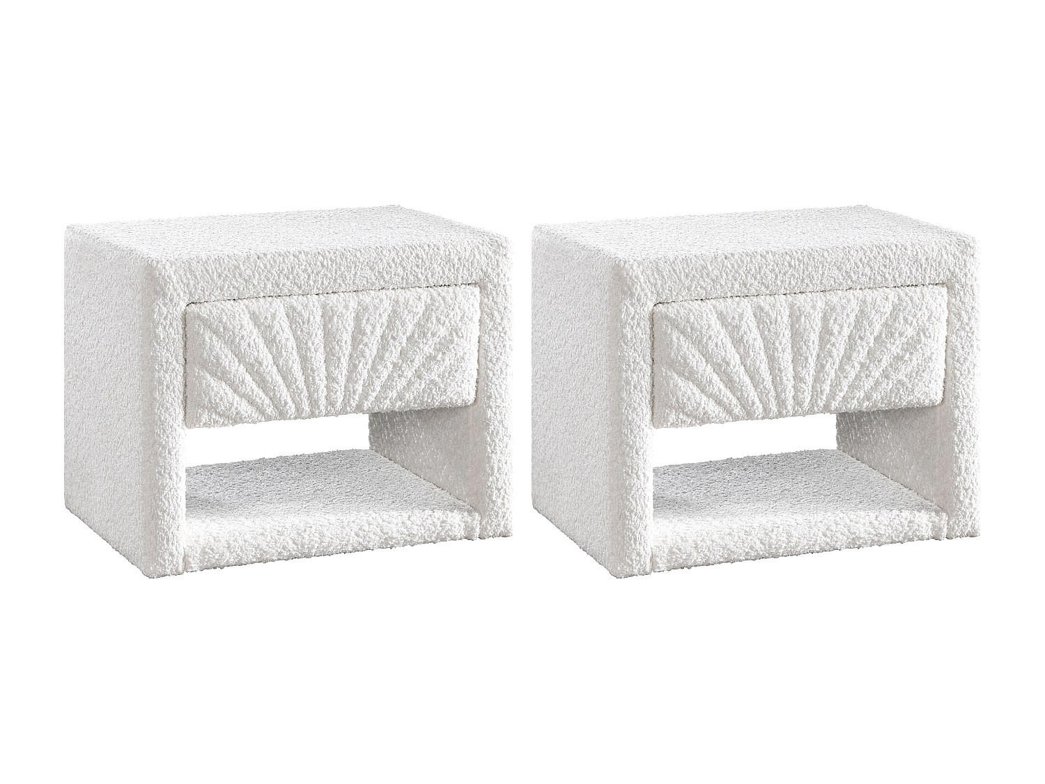 2ER-SET Nachttische - 1 Schublade und 1 Ablage - Bouclé-Stoff - Weiß - ULAMI - Weiß, Textil (50/41/35cm) - Vente-Unique