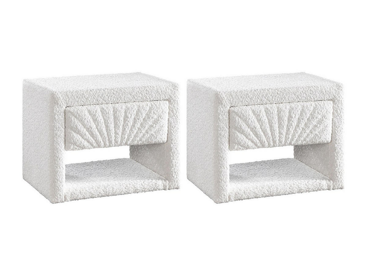 2ER-SET Nachttische - 1 Schublade und 1 Ablage - Bouclé-Stoff - Weiß - ULAMI - Weiß, Textil (50/41/35cm) - Vente-Unique