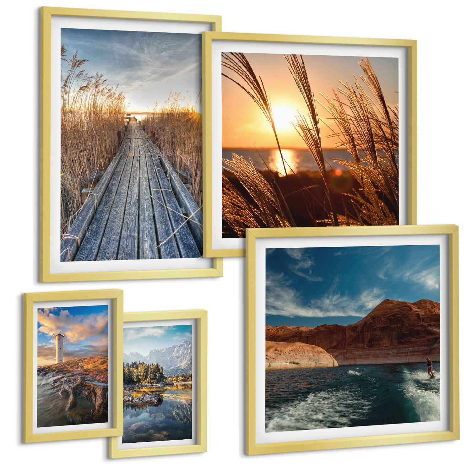 BILDER SET 5er Set - 50x50 cm & 20x30 cm & 40x60 cm Goldrahmen - Leuchtturm-Grassteg - Goldfarben, Kunststoff (40/60cm) - TULUP
