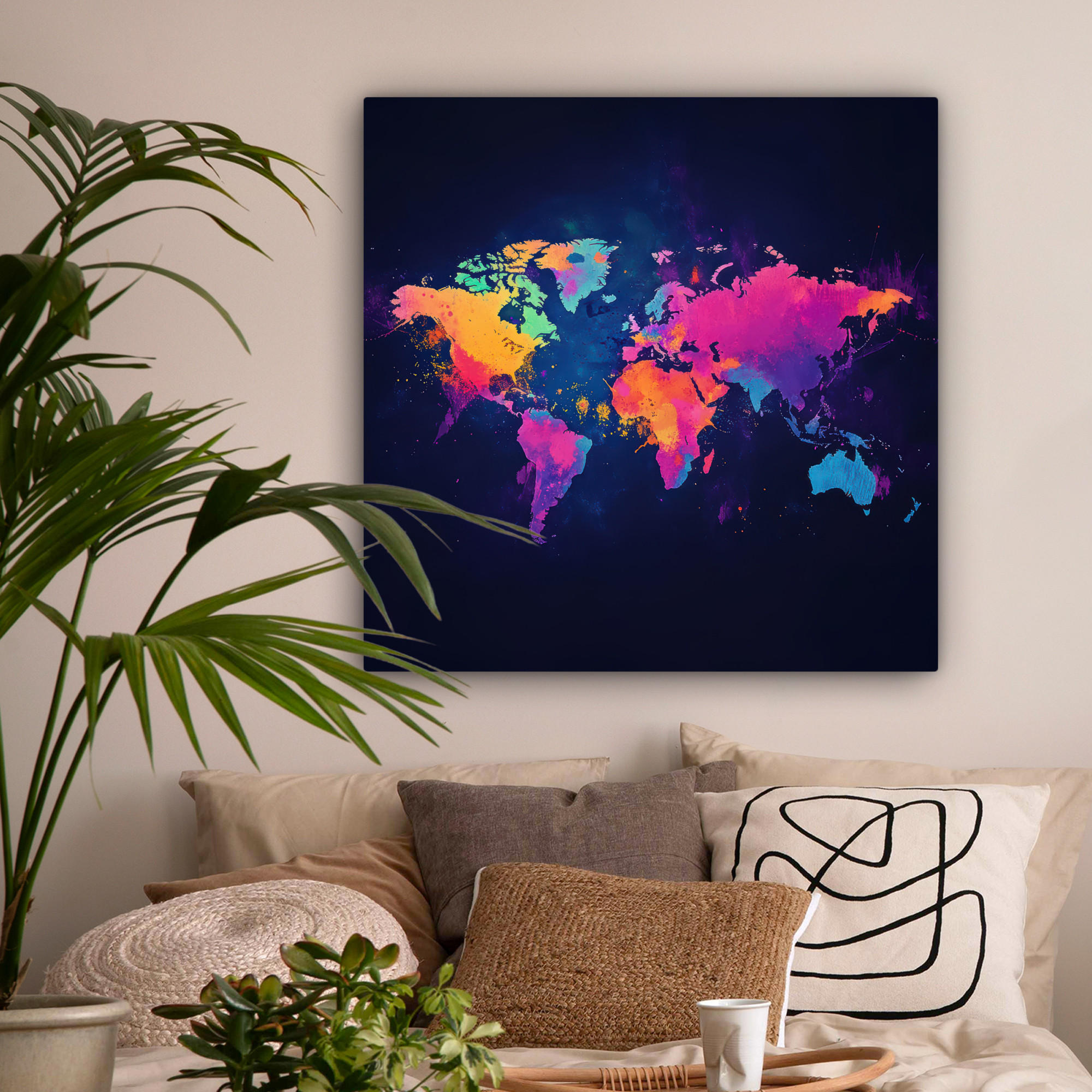 LEINWANDBILD Weltkarte - Bunt - Graffiti 90x90 cm - Multicolor, Textil (90/90cm) - MuchoWow