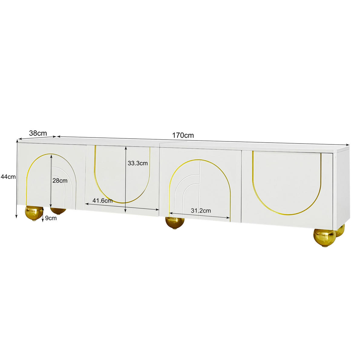 TV-LOWBOARD aus Spanplatte 170x38x44 cm Weiß und Gold mit 4 Türen und Push-to-Open - Weiß, Holzwerkstoff (170/44/38cm) - IVMEU