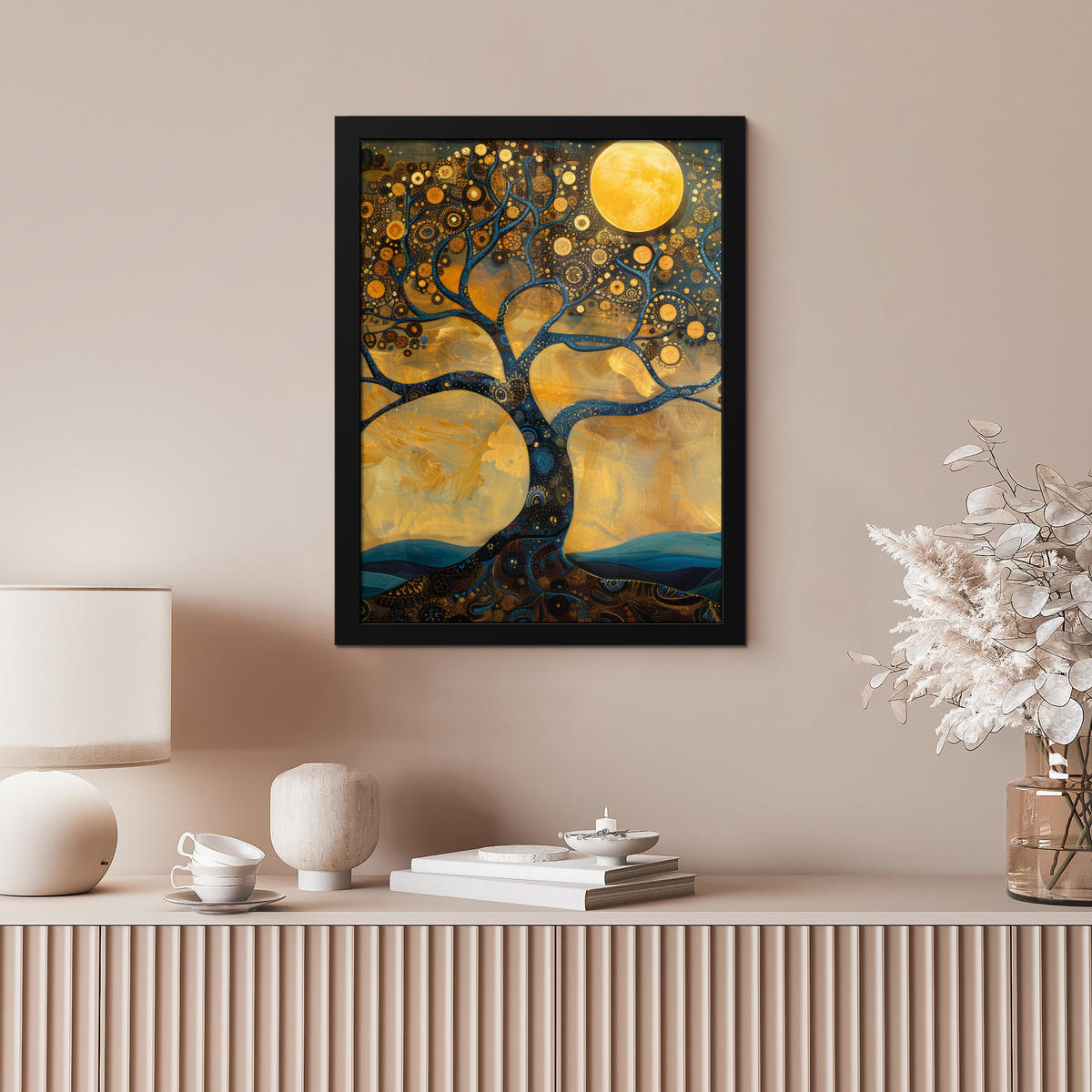 GERAHMTES BILD Baum - Mond - Blumen - Gold - Kunst 30x40 cm - Orange, Papier (30/40cm) - MuchoWow