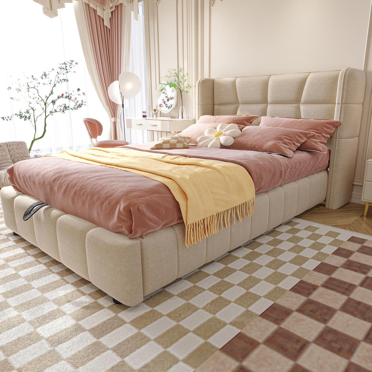 ČALÚNENÁ posteľ z látky 90x200 cm béžová s úložným priestorom, zdvíhacím mechanizmom a pevným kovovým rámom - béžová, textil (90/200cm) - Modfu
