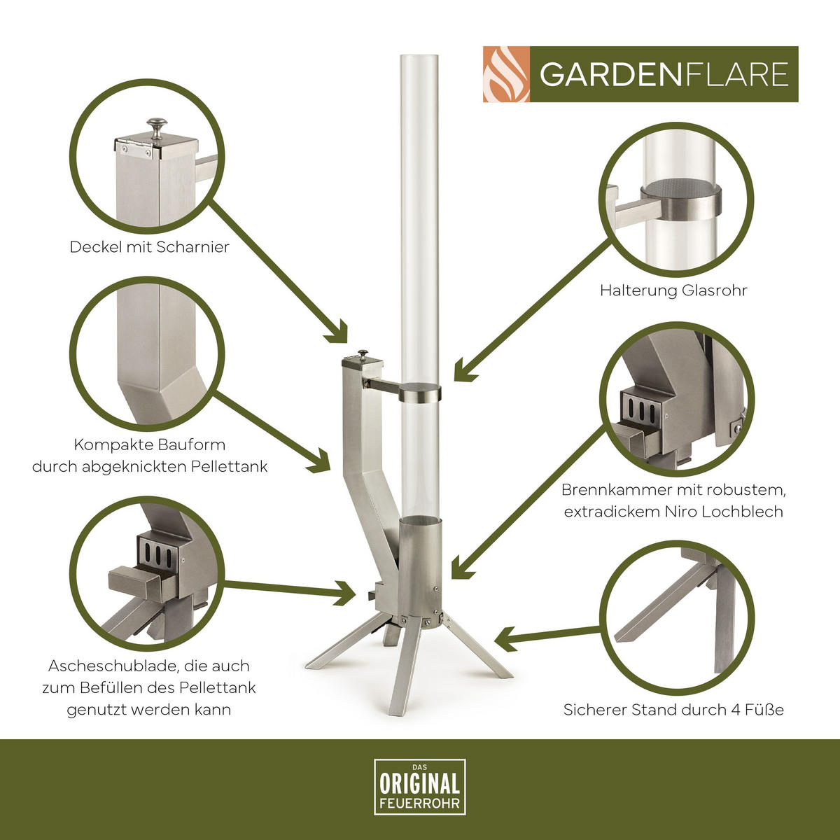 FEUERROHR – elegante Edelstahl Feuersäule und Pelletfackel - silber - Silberfarben, Metall (36/130.6/35cm) - Gardenflare