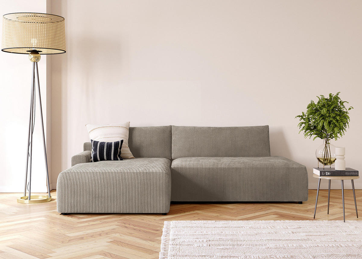ECKSOFA mit Schlaffunktion - Longchair - Hellgrau/Schwarz, Kunststoff/Textil (253/167cm) - home24