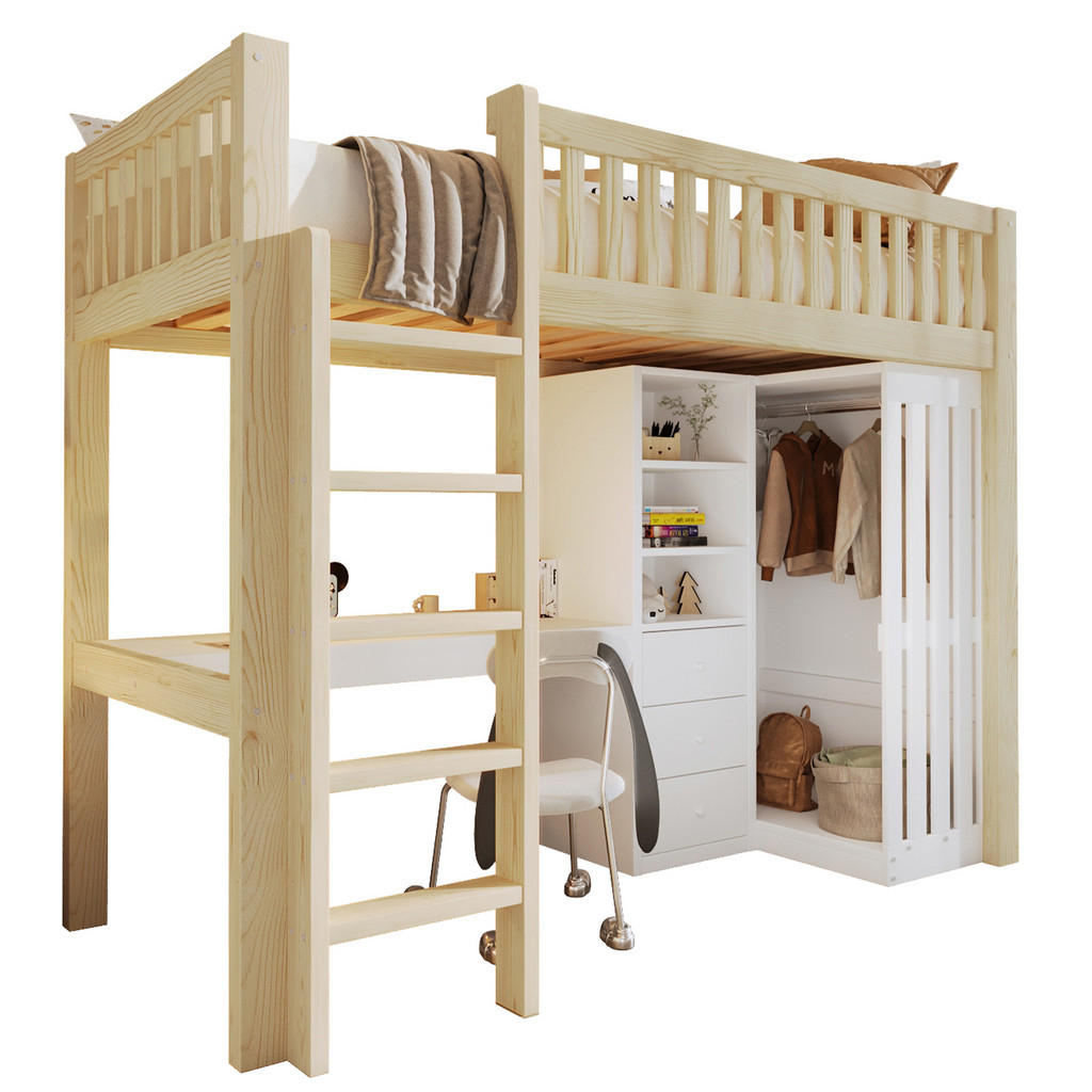 STILVORA HOCHBETT 90/200 cm in Natur mit Schreibtisch, Kleiderschrank, 3 Schubladen und Treppe
