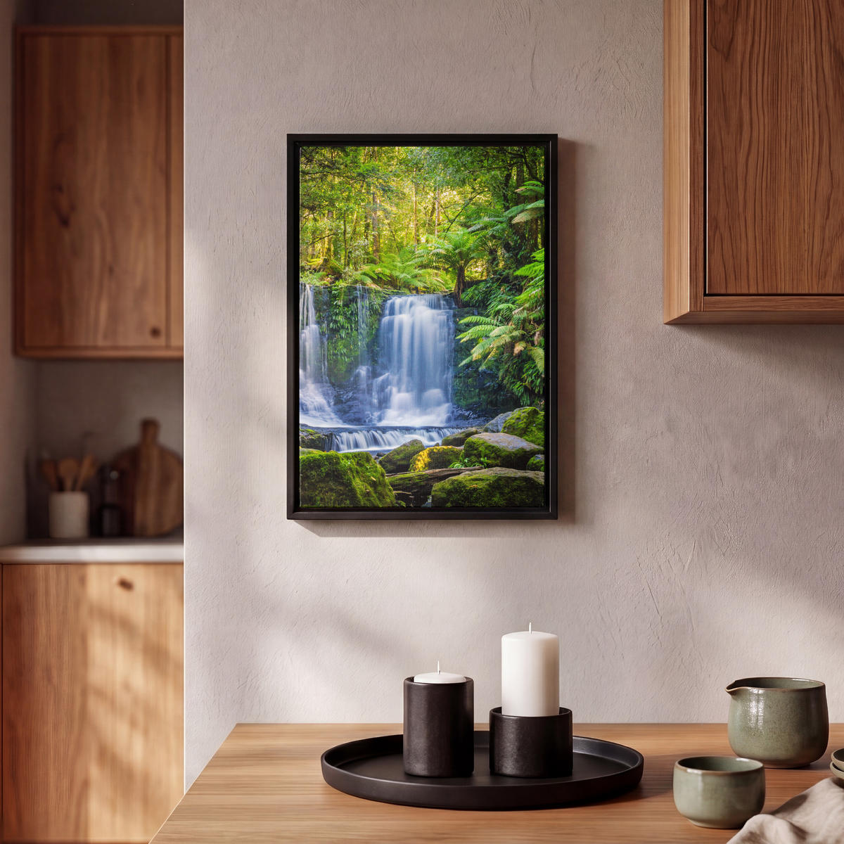 LEINWAND Bilder mit Rahmen - Dschungel - Wasserfall - Australien - Pflanzen - Natur - 20x30 - Dunkelgrün, Textil (20/30cm) - MuchoWow