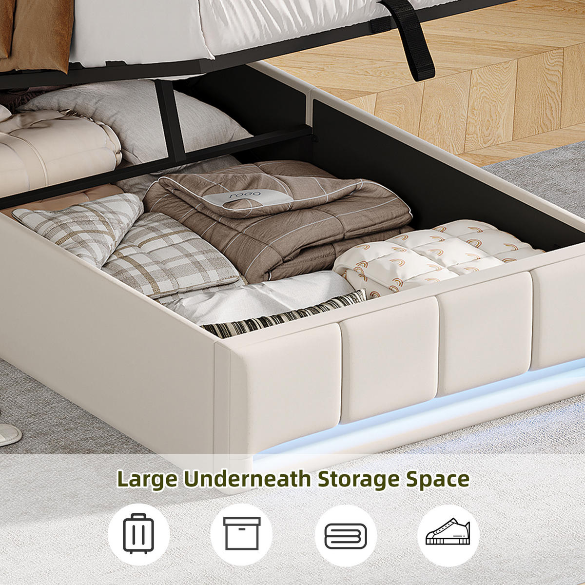 POLSTERBETT 90x200 cm Beige mit LED Beleuchtung, Kopfteil mit Stauraum und USB/Type-C, hydraulisches Stauraumbett - Beige, Metall (90/200cm) - EuroLiving