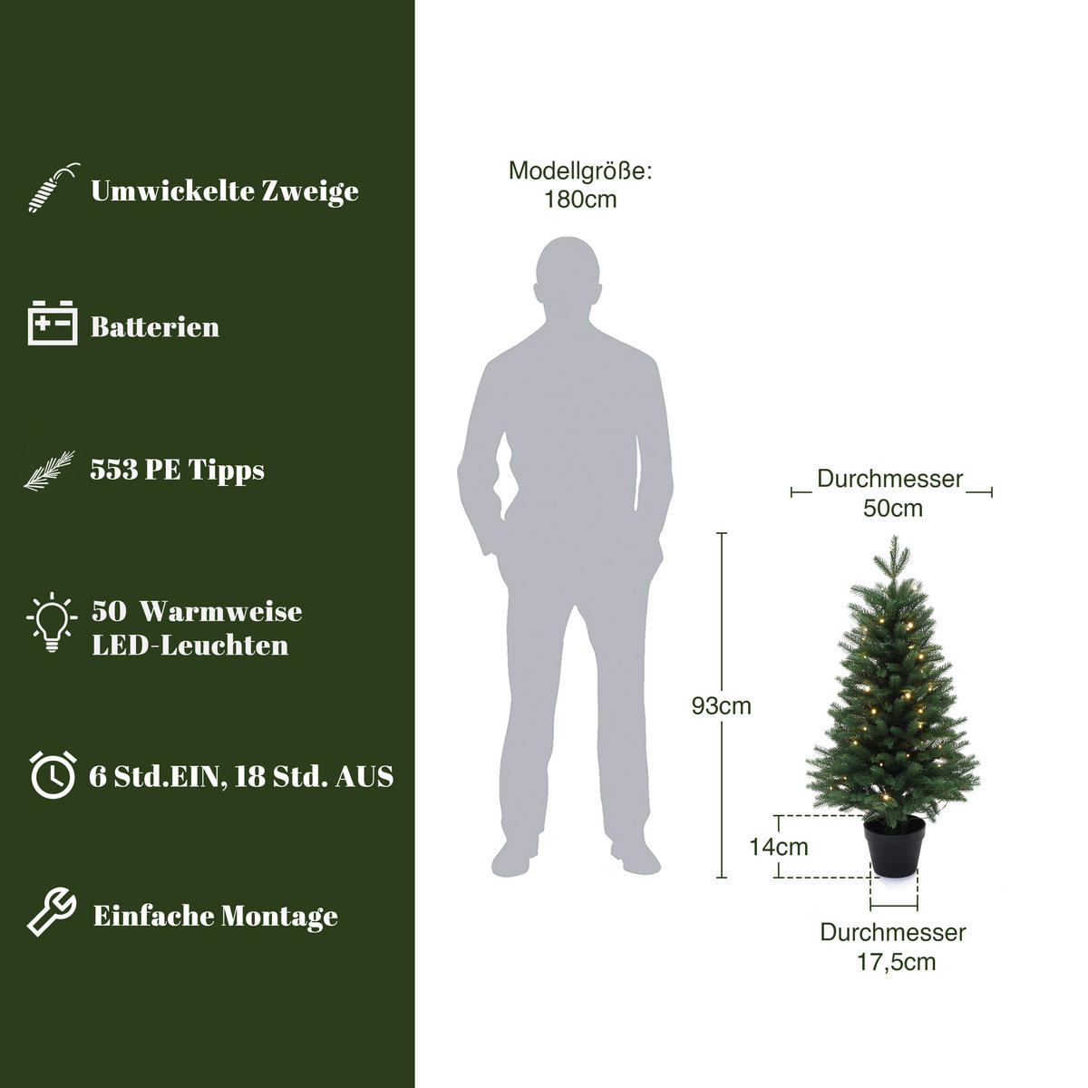 KÜNSTLICHER Weihnachtsbaum 90 cm mit Beleuchtung und Timer - Grün, Kunststoff (60/93cm) - Hometopia