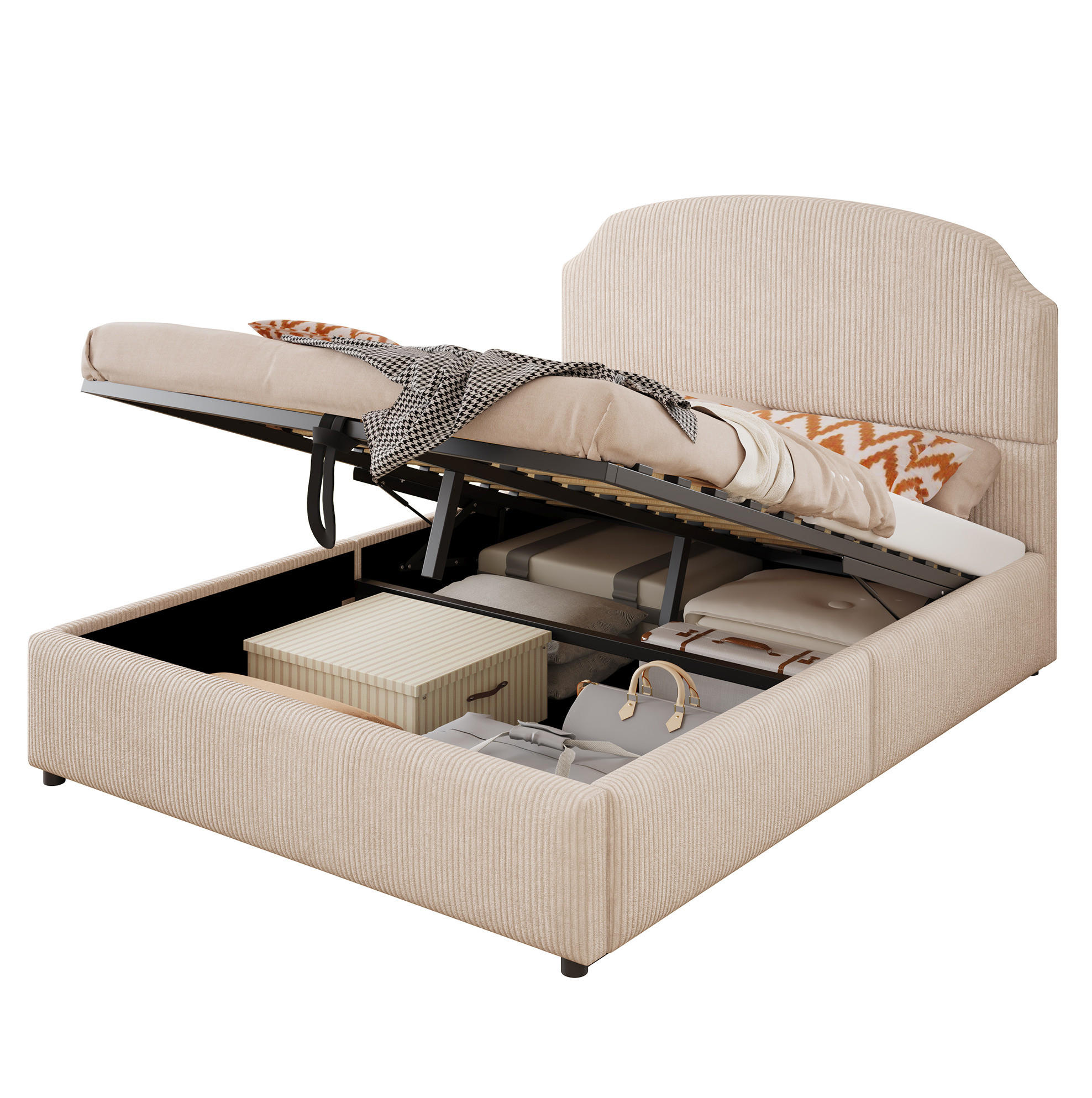 POLSTERBETT 140/200 cm mit hydraulischem Bettkasten und großem Kopfteil, Beige - Beige, Holzwerkstoff (140/200cm) - Redom