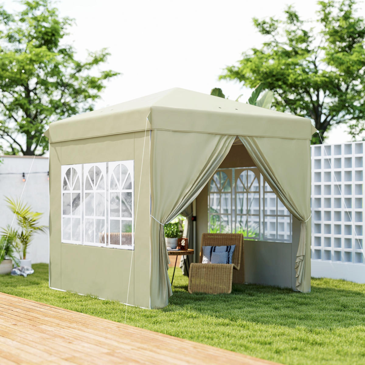 PAVILLON 248/248/270 cm mit Pop-up-Mechanismus, höhenverstellbar und UV-Schutz 50+, Cremeweiß - Beige, Textil (248/270/248cm) - Redom