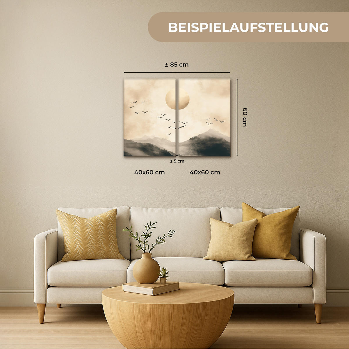 LEINWANDBILD 2er Set Landschaft - Japandi - Beige - Vögel 80x60 cm - Beige, Textil (80/60cm) - MuchoWow