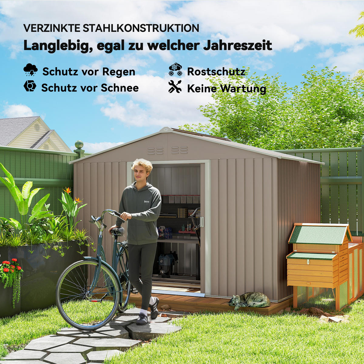 VERZINKTER Stahl Gerätehaus 277x 195x 192cm - Hellgrau, Metall (195/192/277cm) - Outsunny