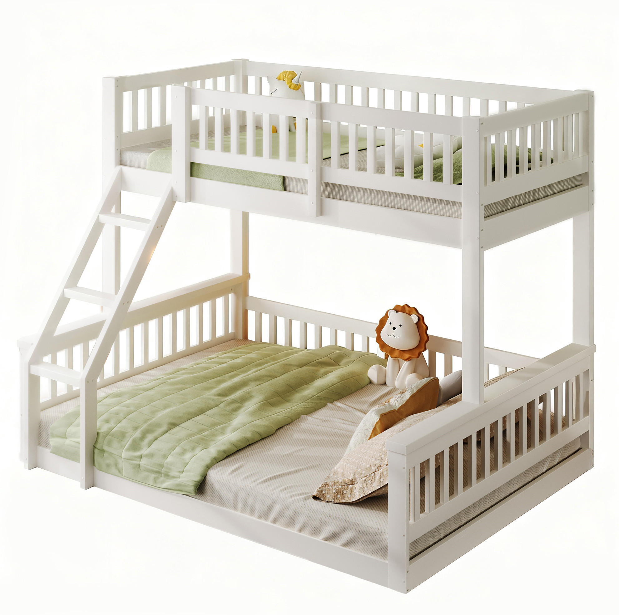 ETAGENBETT 90/200 cm + 140/200 cm aus Kiefernholz mit Leiter und Bettgitter - Weiß, Holz - BEAOK