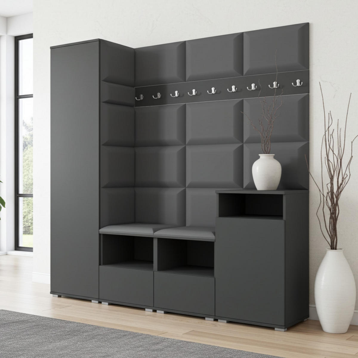 GARDEROBE NELA X 200 cm (Modulare Flurmöbel Graphit mit Sitzpolster Dunkelgrau 15 Schrank + Sideboard) - Dunkelgrau/Silberfarben, Holz/Holzwerkstoff (200/187/40cm) - Ravio