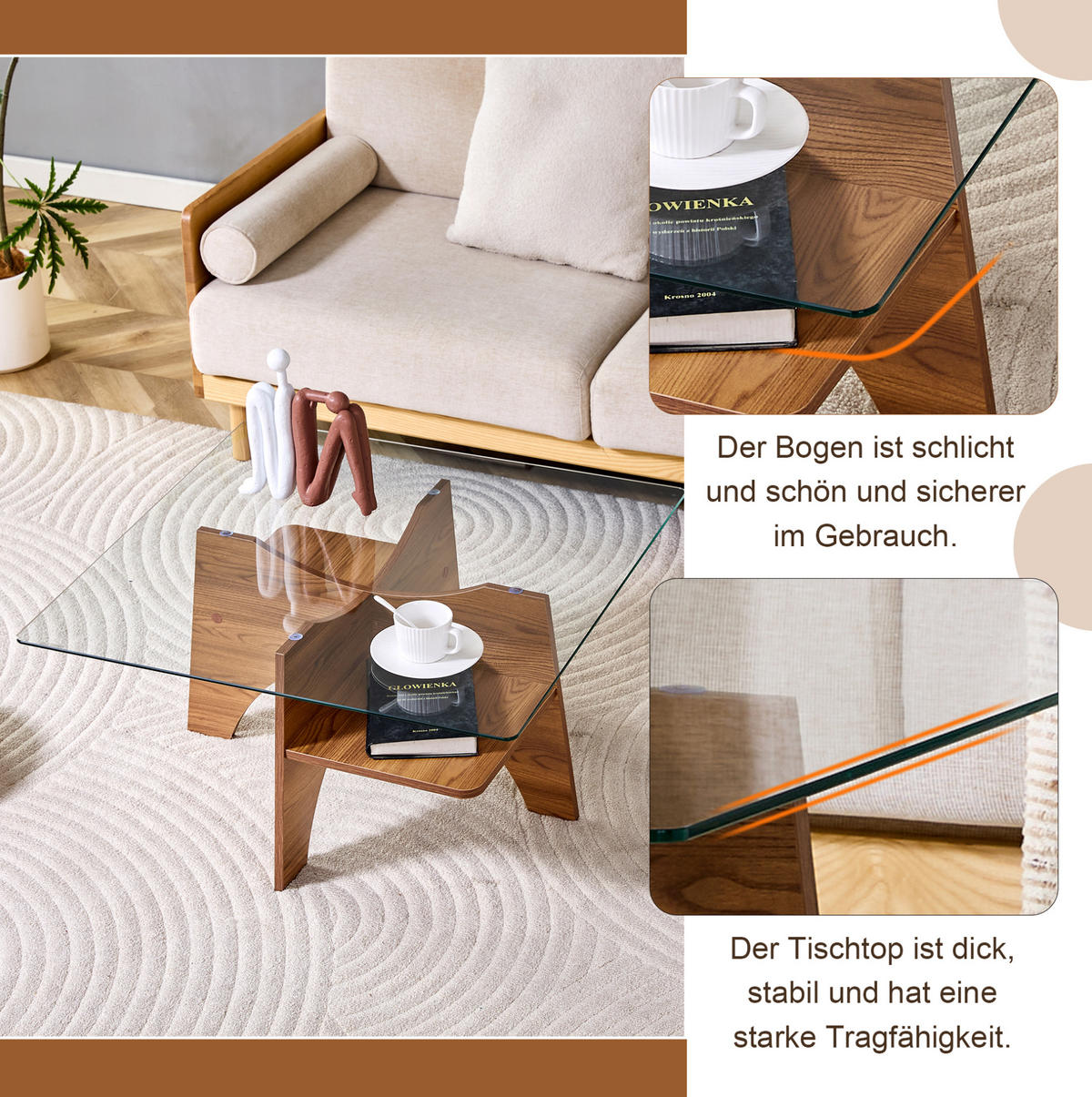 COUCHTISCH 80/80/40 cm Transparent Nussbaum MDF mit Sicherheitsglas und Ablagefach - Walnussfarben, Holzwerkstoff (80/80/40cm) - OKWISH