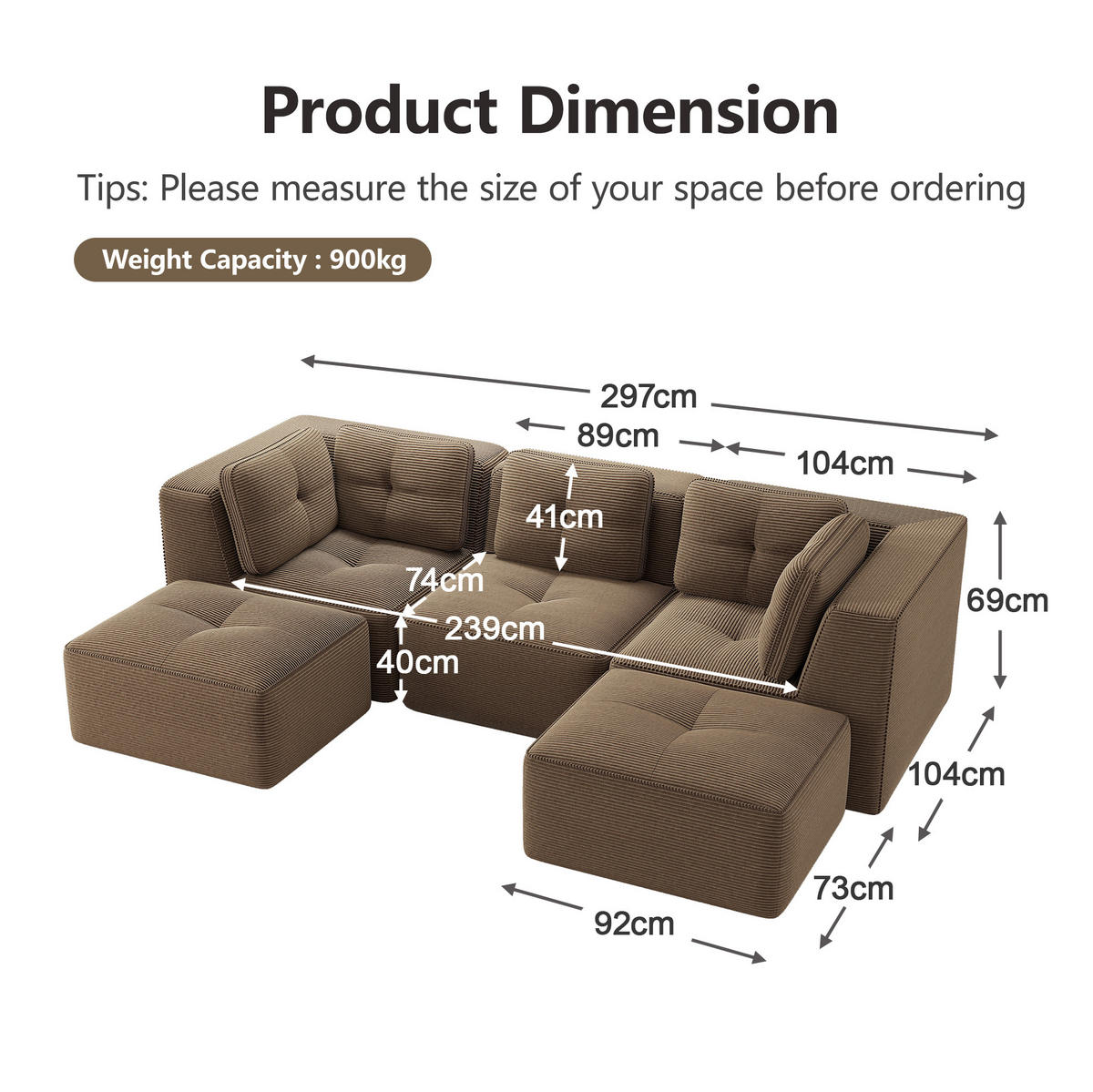 ECKSOFA 297/177/69 cm braun aus Cord mit modularem Design und tiefer Sitzfläche - Braun, Textil (177/297cm) - OKWISH