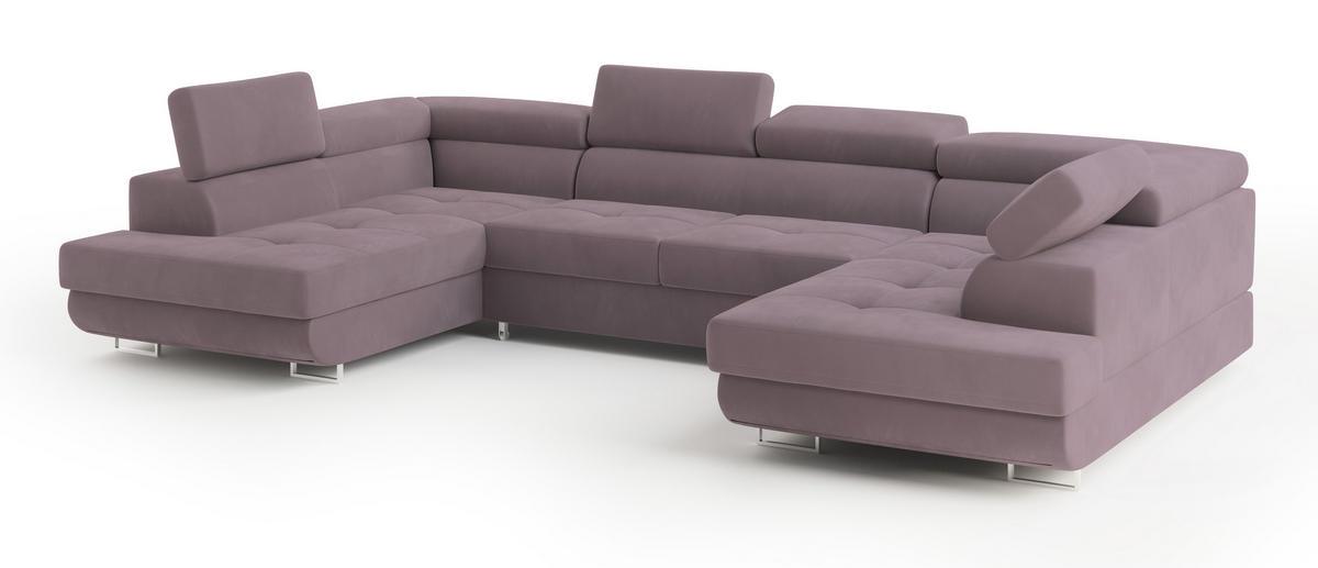 WOHNLANDSCHAFT RAGGIO Lila Velours-Stoff mit Schlaffunktion - Lila, Holz (336/90/202cm) - MASSENO