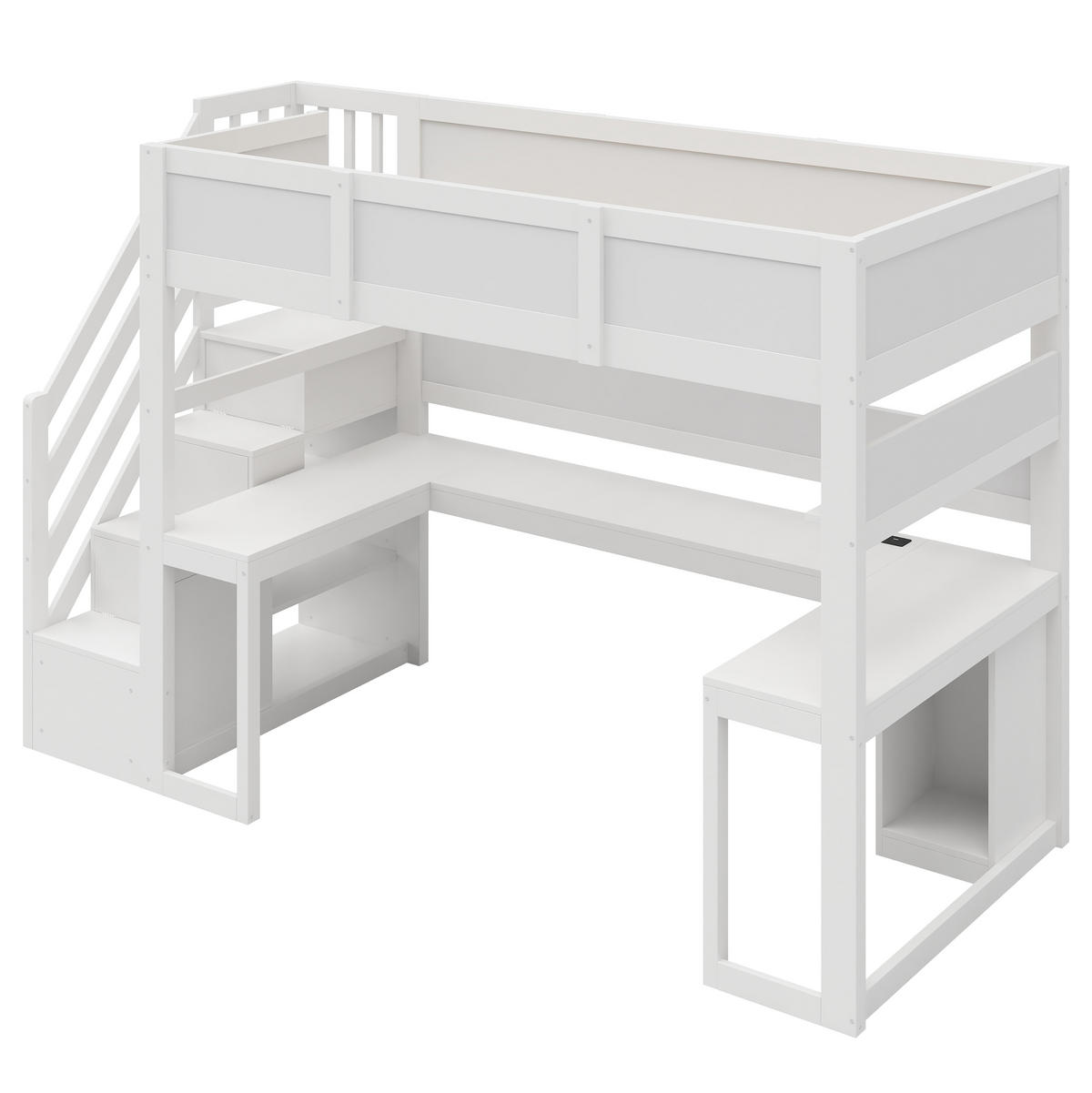 HOCHBETT 90 x 200 cm Schreibtisch LED-Beleuchtung und USB-Anschluss, Weiß - Weiß, Holz (90/200cm) - KOMHTOM