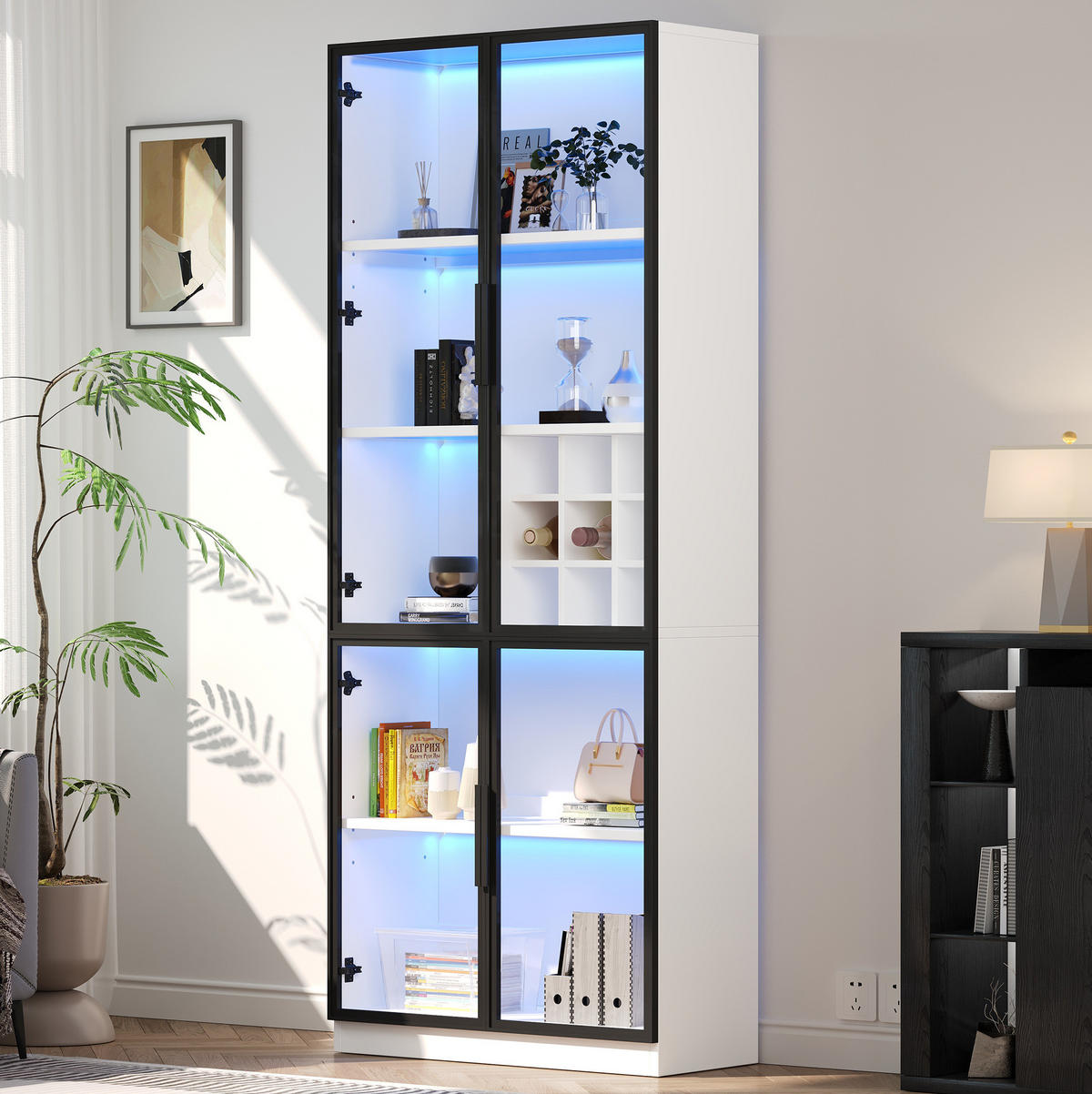VITRINE 80/35/200 cm in Weiß mit LED-Beleuchtung und Weinfach - Weiß, Holzwerkstoff (80/200/35cm) - Flora Grace