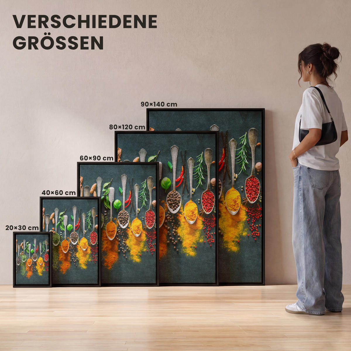 LEINWAND Bilder mit Rahmen - Kräuter - Gewürze - Löffel - 100x150 - Currygelb, Textil (100/150cm) - MuchoWow