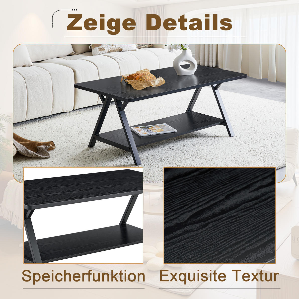 COUCHTISCH Schwarz 110/57/44,5 cm Mit Ablage - Schwarz, Holzwerkstoff (57/110/44.5cm) - PANGIVO