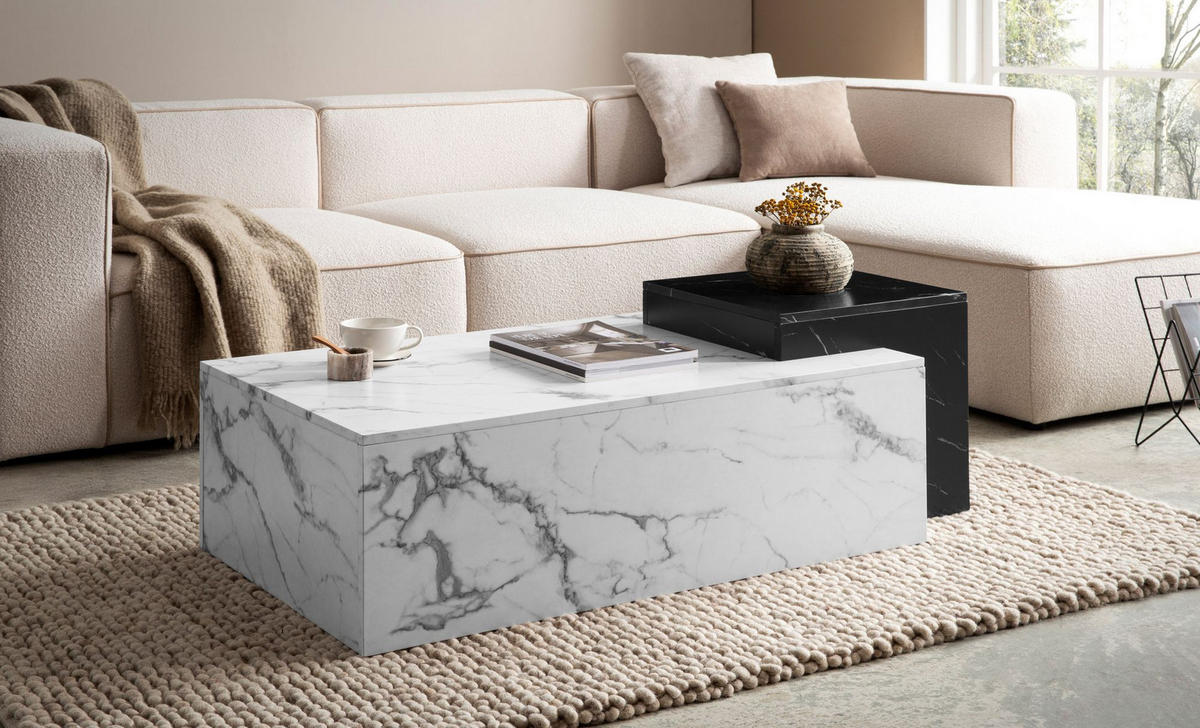COUCHTISCH Weiß Schwarz Marmor-Optik Modern 120x60x40 cm Zwei Ebenen - Weiß, Holzwerkstoff (60/120/40cm) - KADIMA DESIGN