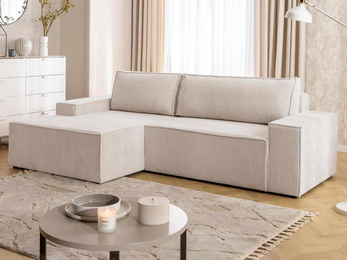 ECKSOFA Rivio mit Schlaffunktion und Bettkasten, Cordstoff Beige - Beige/Schwarz, Holz/Kunststoff (149/262cm) - S-Style