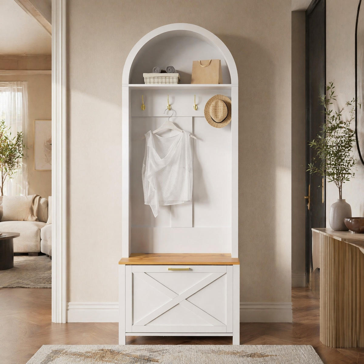 GARDEROBE-SET in Weiß mit Schuhregal und Hake für Eingangsbereich und Flur, B75/T35/H195 cm - Weiß/Naturfarben, Holzwerkstoff/Metall (75/195/35cm) - STILVORA