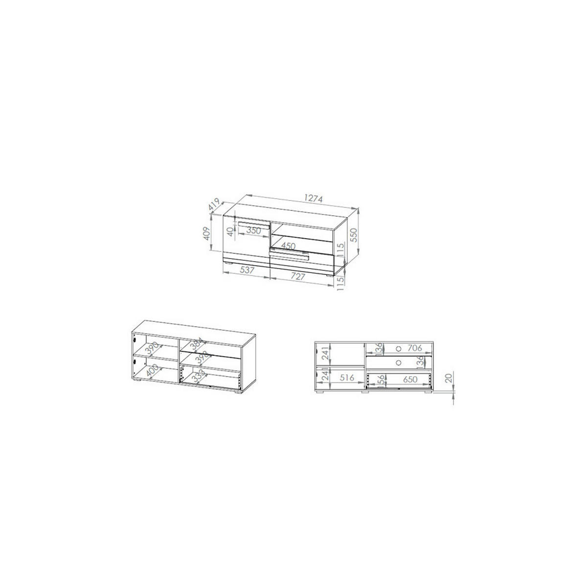 LOWBOARD Blanco Pinie weiß / grau 128 / 42 / 55cm - Weiß, Holz/Holzwerkstoff (128/55/42cm) - Feldmann-Wohnen
