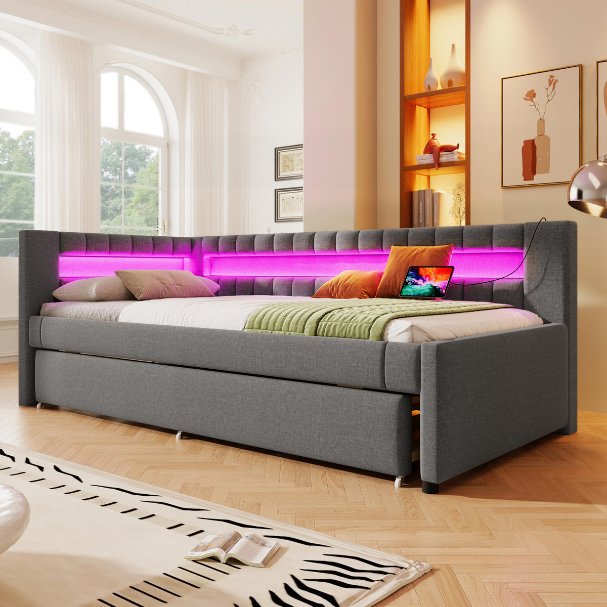 POLSTERBETT 90/200 cm in Grau mit LED-Beleuchtung und USB- und Type-C-Anschlüssen - Grau, Textil (90/200cm) - Flora Grace