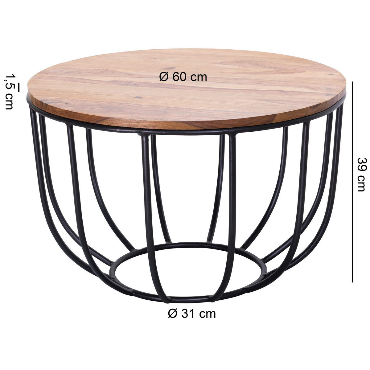 COUCHTISCH in Industrial-Stil, Sheesham Massivholz, Metallgestell, Korbdesign, Rustikal - Schwarz/Braun, Holz/Metall (60/60/39cm) - KADIMA DESIGN
