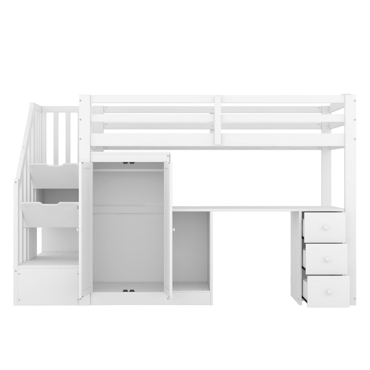 HOCHBETT 90/200 cm in Weiß mit Kleiderschrank, Schreibtisch, 3 Schubladen und Treppe - Weiß, Holz (90/200cm) - STILVORA
