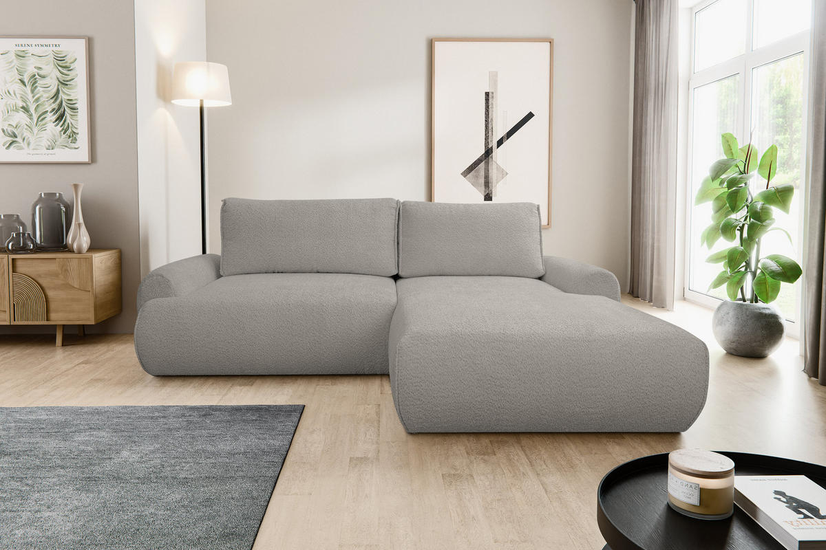 ECKSOFA Moon in L-Form mit Schlaffunktion und Bettkasten, Farbe: Grau, Bouclé-Stoff, Ottomane Rechts - Grau, Textil (260/136cm) - VENASI MÖBEL