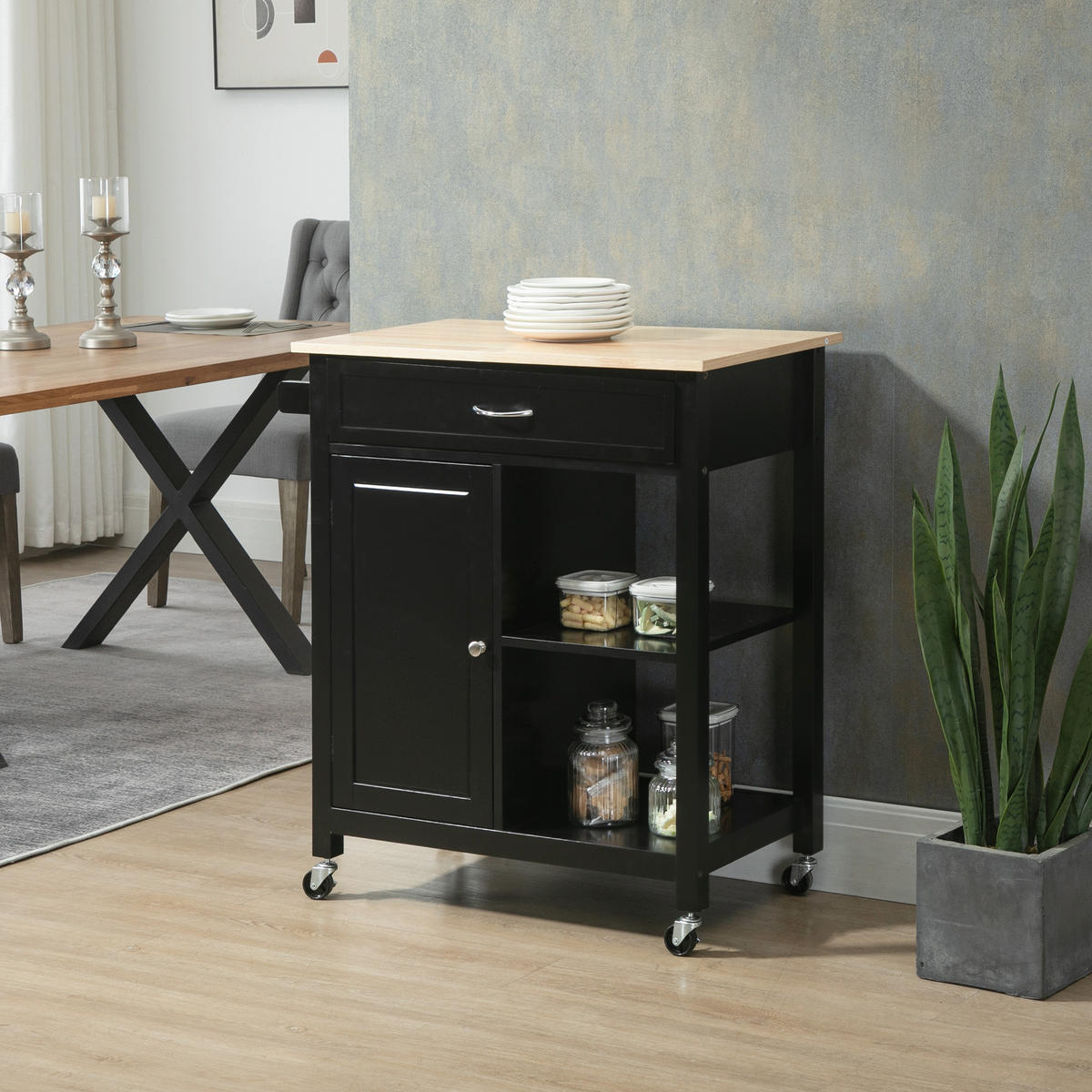 KÜCHENWAGEN, Holz-Wagen mit Schublade und Schrank, 83 x 45 x 88 cm, Schwarz - Multicolor, Metall (83/88/45cm) - FORIOUS
