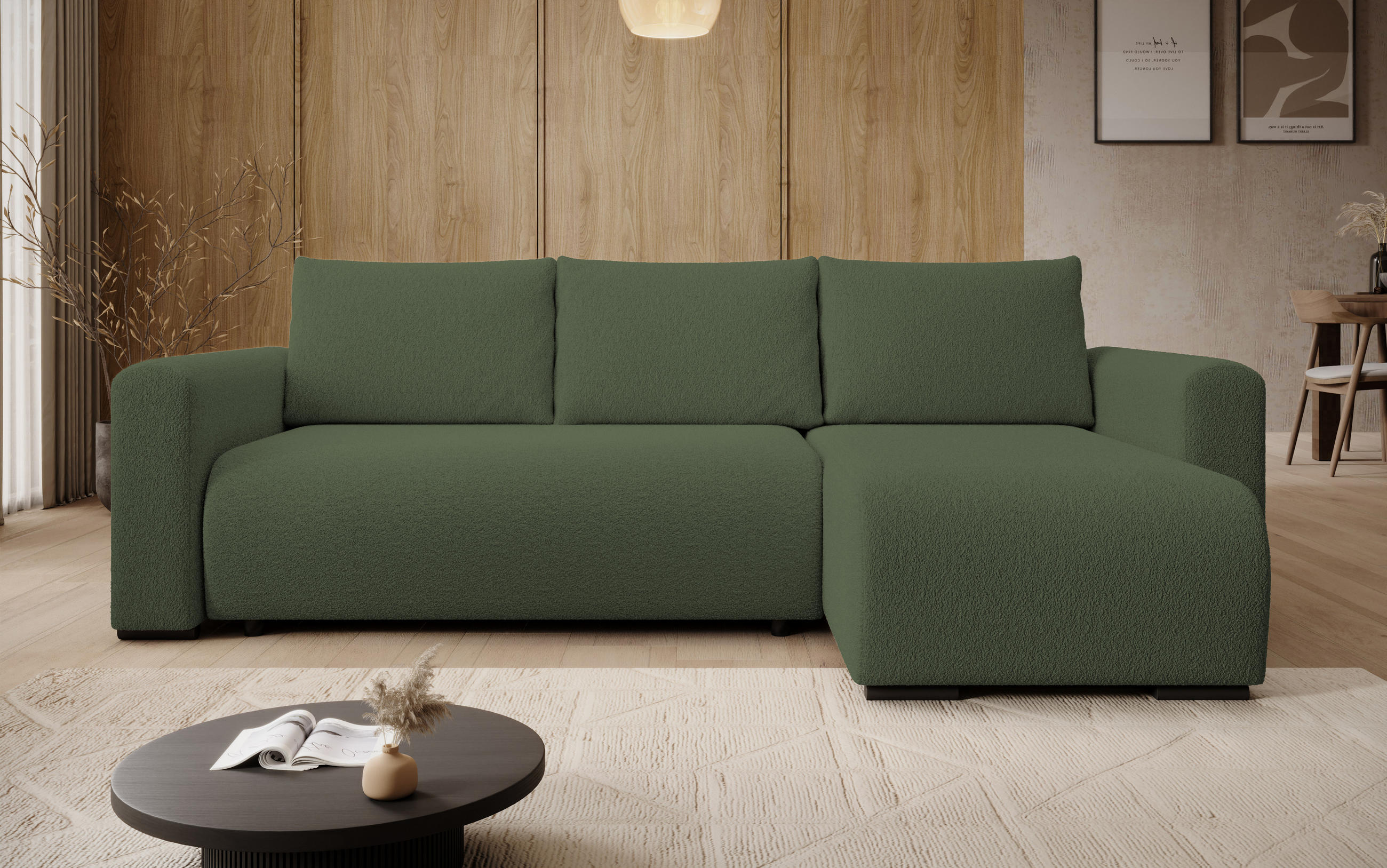 ECKSOFA DORA L, Eckcouch in L-Form mit Schlaffunktion und Bettkasten, Farbe: Grün, Bouclé-Stoff, Ottomane Rechts - Grün, Textil (240/143cm) - Storez24
