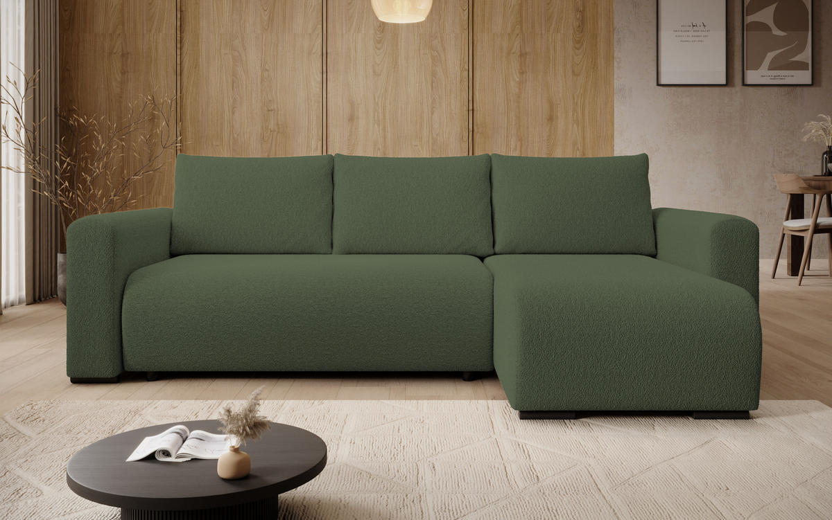 ECKSOFA DORA L, Eckcouch in L-Form mit Schlaffunktion und Bettkasten, Farbe: Grün, Bouclé-Stoff, Ottomane Rechts - Grün, Textil (240/143cm) - Storez24