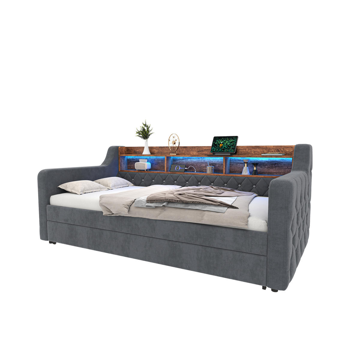 ROZKLÁDACÍ POHOVKA 90/190 cm v tmavě šedé barvě ze sametu s LED a USB-C - tmavě šedá, kov/kompozitní dřevo (90/190cm) - CHICFURN