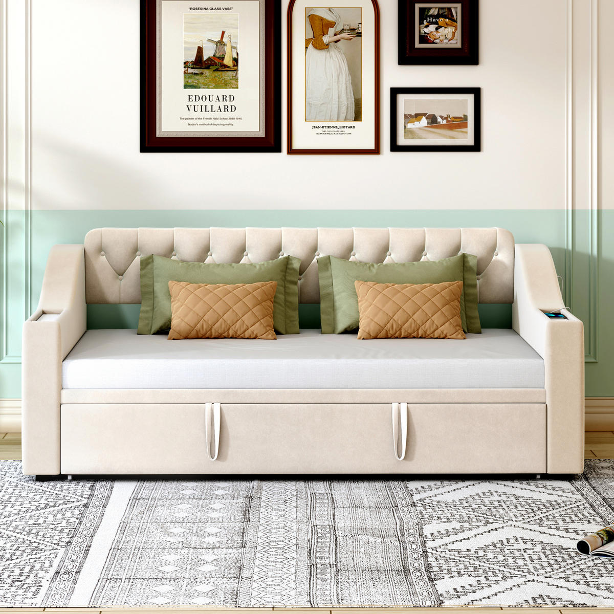 BETT 90/190 cm ausziehbar auf 180/190 cm mit USB und Lattenrost - Beige, Textil (90/180cm) - BEAOK