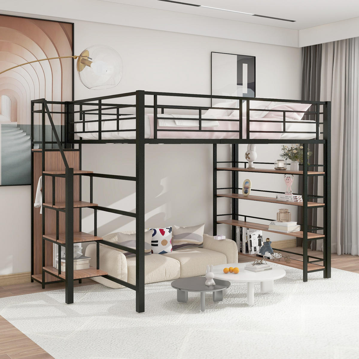 VYSOKÁ posteľ 140/200 cm čierna z MDF a kovu s úložnými schodmi, policami a malou skriňou - čierna, kov (140/200cm) - OKWISH