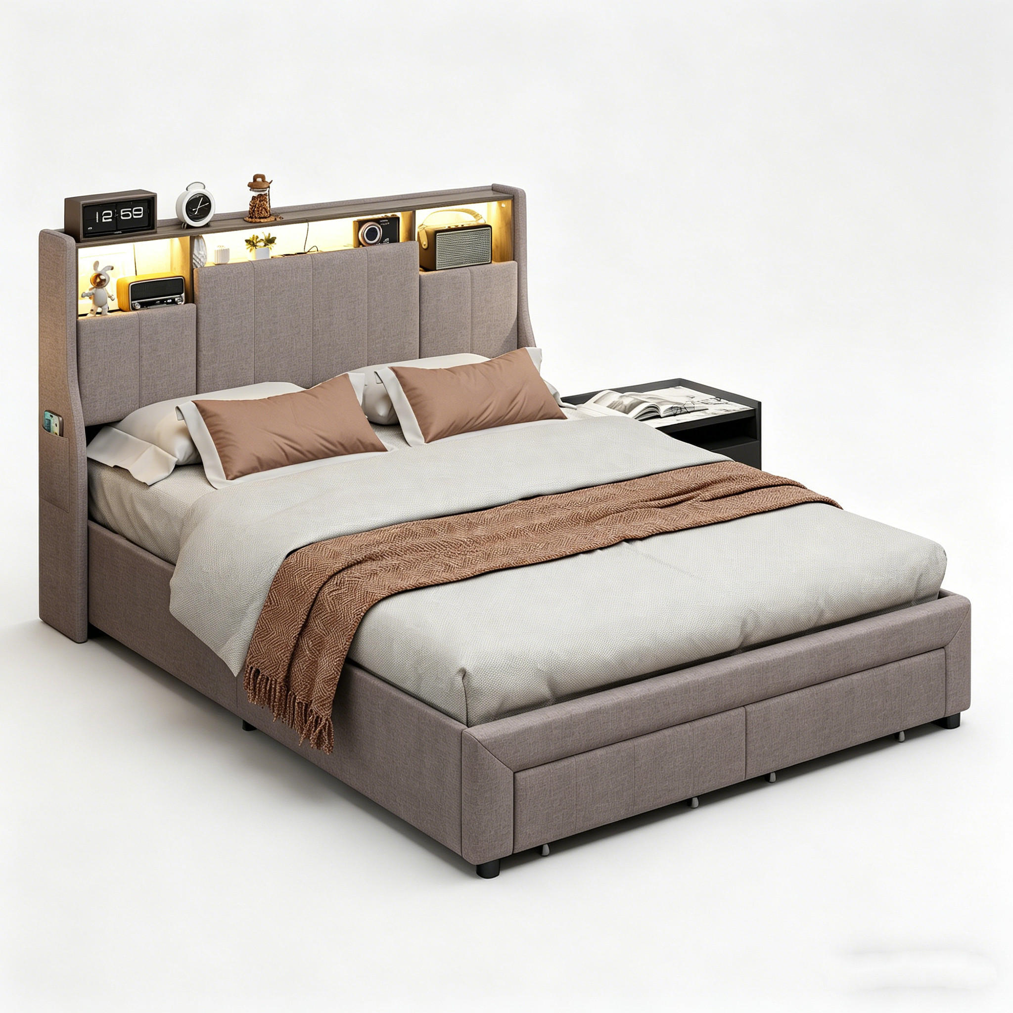 STAURAUMBETT 140x200 cm mit Schubladen, Ladestation und Kopfteil mit Stauraum, Grau - Grau, Holz/Metall (140/200cm) - PARAFTA HOME