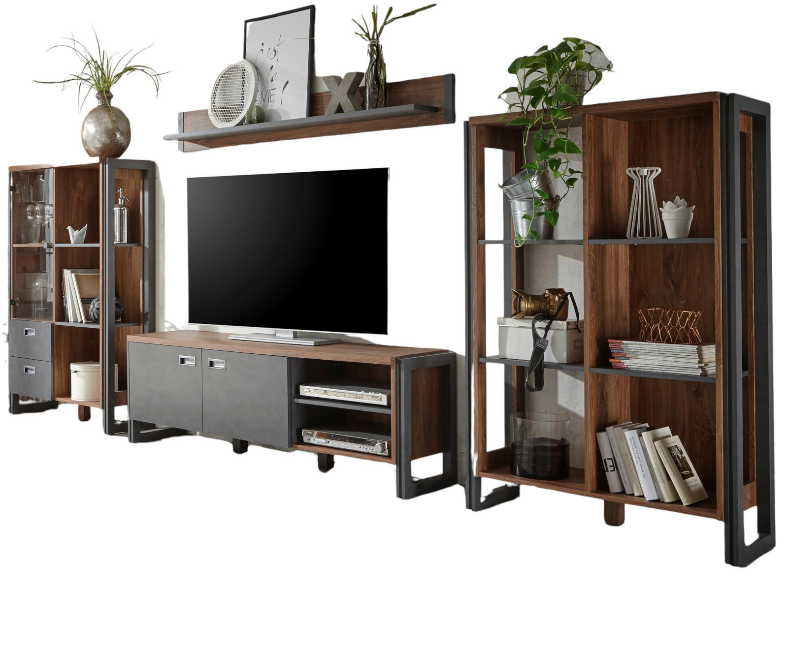WOHNWAND Eiche Stirling, Matera grau, Schrankwand 4-teilig 356 x 170 cm - Eichefarben/Silberfarben, Holzwerkstoff/Metall (360/170/39cm) - Furn.Design