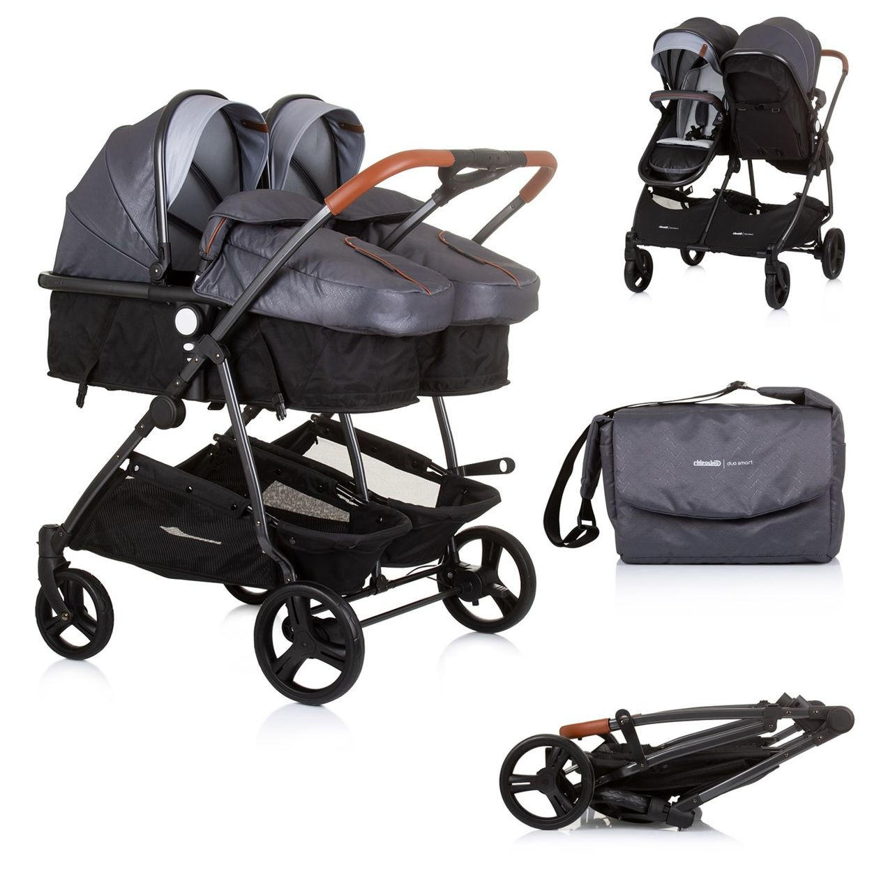 GESCHWISTERKINDERWAGEN Duo Smart grau hellgrau klappbar, umbaubar, verstellbar, Fußsack - Hellgrau/Grau, Metall (80/75/104cm) - Chipolino